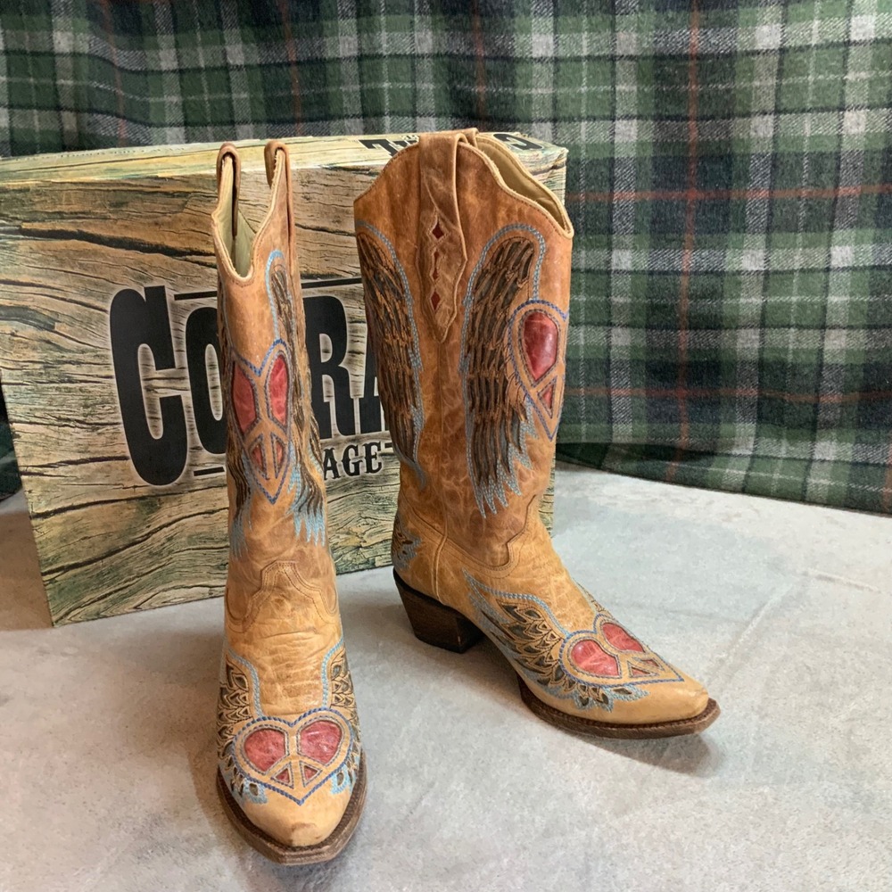 Corral Vintage Wing and Heart Peace Sign Western Boots Antique Saddle Tan 8